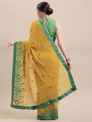 Mustard Embroidered Chiffon saree with blouse 2