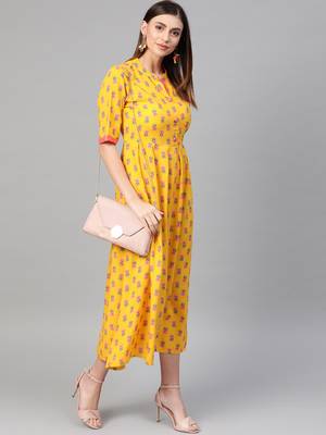Yellow woven viscose rayon maxi-dresses 4