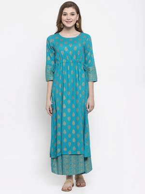 Turquoise woven viscose rayon maxi-dresses 1