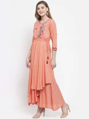 Peach woven viscose rayon maxi-dresses 3