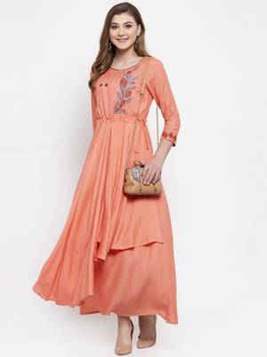 Peach woven viscose rayon maxi-dresses 4