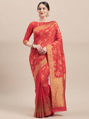 Red Woven Silk Blend saree with blouse 1