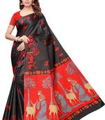 Black printed art silk saree with blouse