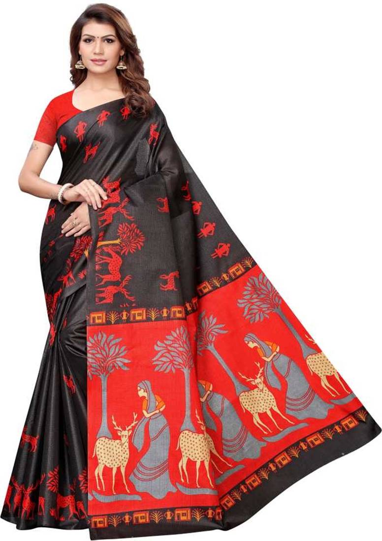 Black printed art silk saree with blouse