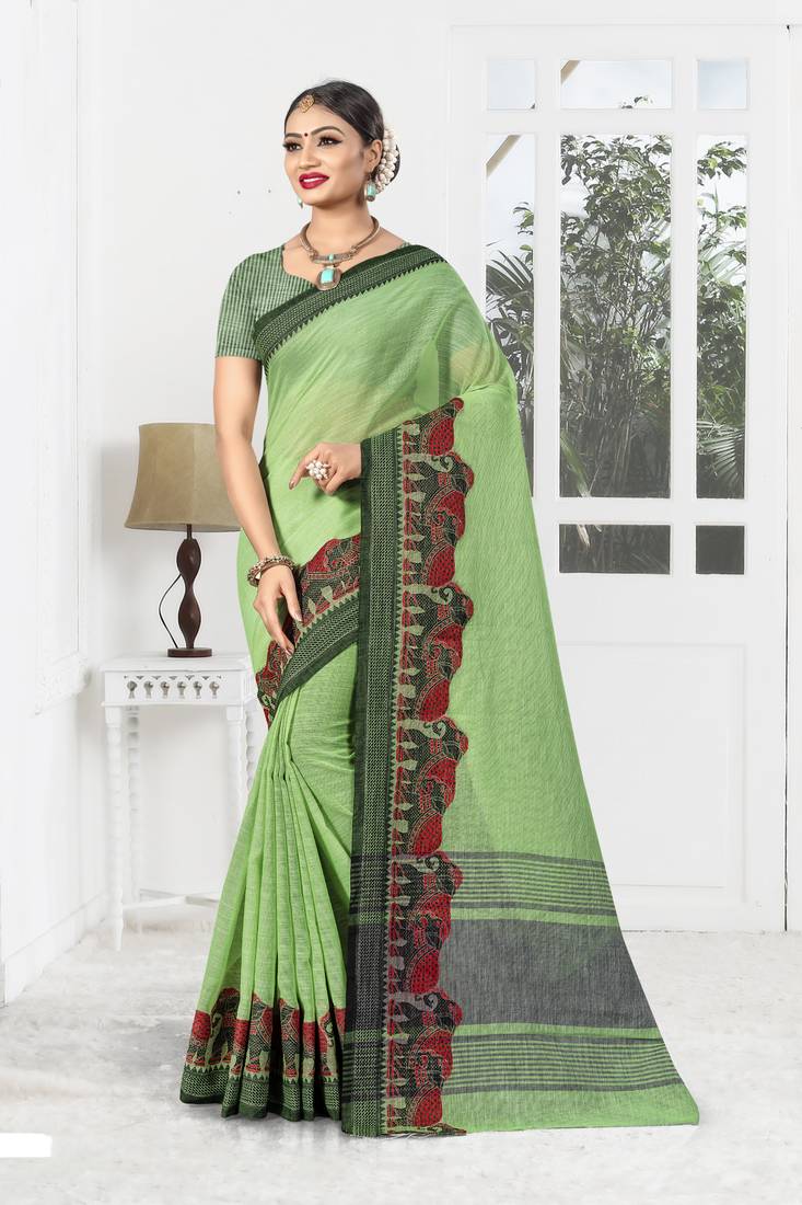 Women's Linen Blend Sea Green Woven Design Designer Saree With Blouse Piece