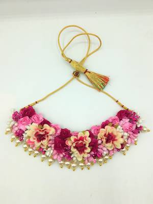 Fashion Jewellery Pink Color Floral Gota Patti Mehandi Haldi Necklace, Earrings And Maang Tika For Women And Girls 2