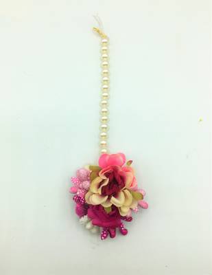 Fashion Jewellery Pink Color Floral Gota Patti Mehandi Haldi Necklace, Earrings And Maang Tika For Women And Girls 4