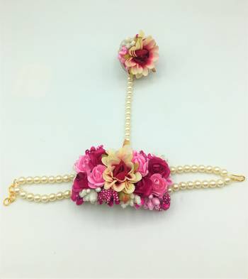 Fashion Jewellery Pink Color Floral Gota Patti Mehandi Haldi Necklace, Earrings And Maang Tika For Women And Girls 5