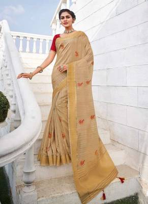 Beige embroidered cotton silk saree with blouse 1