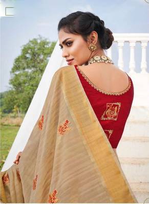 Beige embroidered cotton silk saree with blouse 2