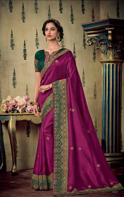 Rani pink embroidered satin saree with blouse 1