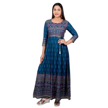 Blue printed cotton long-kurtis 1