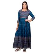 Blue printed cotton long-kurtis