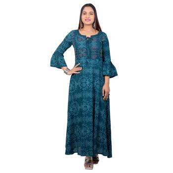 Turquoise printed cotton long-kurtis 1