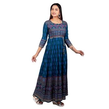 Blue printed cotton long-kurtis 4