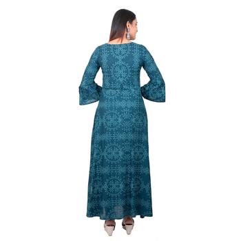 Turquoise printed cotton long-kurtis 2