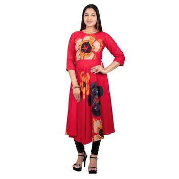 Red printed rayon long-kurtis 1