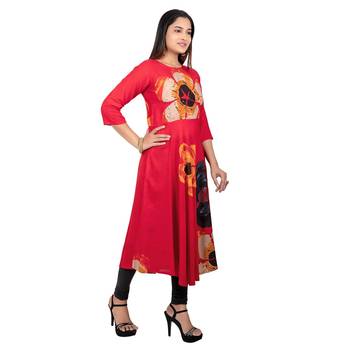 Red printed rayon long-kurtis 4