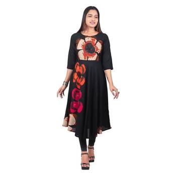 Black printed rayon long-kurtis 1