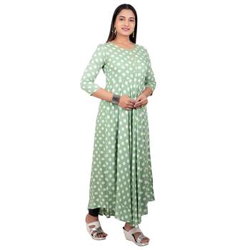 Dark-green printed cotton long-kurtis 4