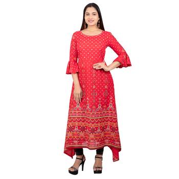 Red printed cotton long-kurtis 1