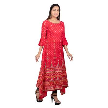 Red printed cotton long-kurtis 4