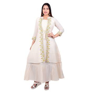 Cream embroidered cotton long-kurtis 1