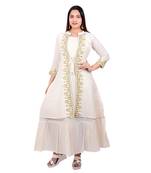 Cream embroidered cotton long-kurtis