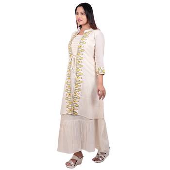 Cream embroidered cotton long-kurtis 3