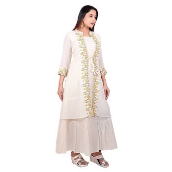 Cream embroidered cotton long-kurtis 4
