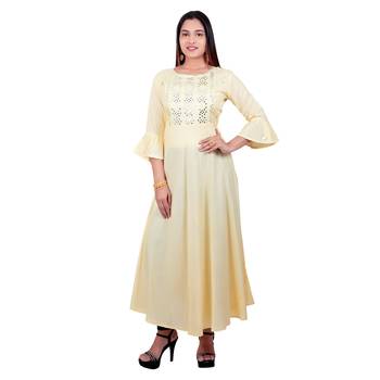 Yellow embroidered cotton long-kurtis 1