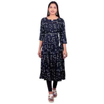 Navy-blue printed cotton long-kurtis 1