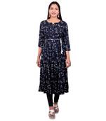 Navy-blue printed cotton long-kurtis