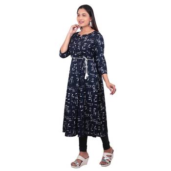 Navy-blue printed cotton long-kurtis 3