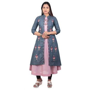 Grey embroidered cotton long-kurtis 1