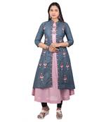 Grey embroidered cotton long-kurtis