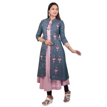 Grey embroidered cotton long-kurtis 3
