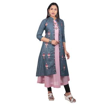Grey embroidered cotton long-kurtis 4