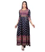 Navy-blue printed cotton long-kurtis