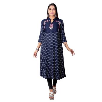 Navy-blue printed cotton long-kurtis 1
