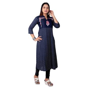 Navy-blue printed cotton long-kurtis 4
