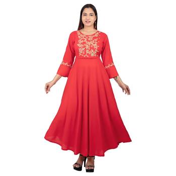 Red embroidered cotton long-kurtis 1