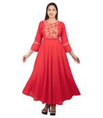 Red embroidered cotton long-kurtis
