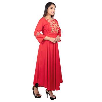Red embroidered cotton long-kurtis 3