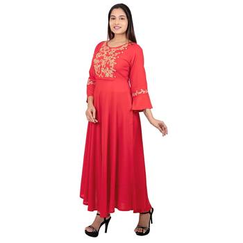 Red embroidered cotton long-kurtis 4