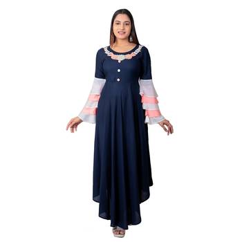 Navy-blue embroidered cotton long-kurtis 1