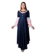 Navy-blue embroidered cotton long-kurtis