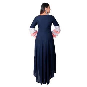 Navy-blue embroidered cotton long-kurtis 2