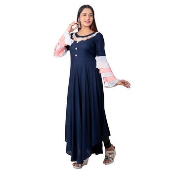 Navy-blue embroidered cotton long-kurtis 3