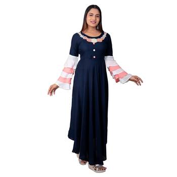 Navy-blue embroidered cotton long-kurtis 4